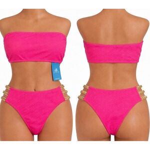 Cupshe Bikini Set Swimsuit Womens Medium Pink Stretch Textured Gold Sparkle